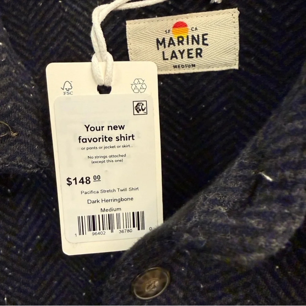 Marine Layer NWT Pacifica Stretch Twill Shirt in Dark Herringbone